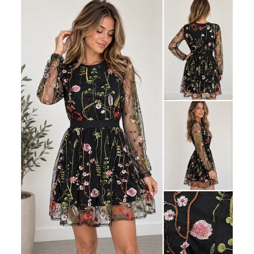 Womens Black Floral Embroidered Mesh Long Sleeve Fit & Flare Mini Dress Size M